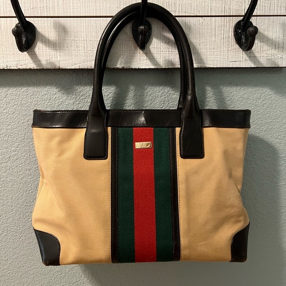 GUCCI Web Sherry Line Tote Bag Canvas Leather Purse- 💎Authenticated 💎 - Picture 15 of 16